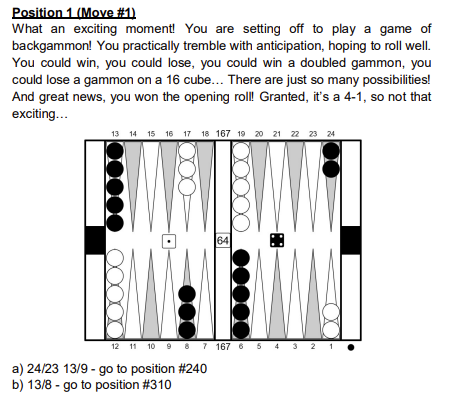 Sample position 1 from Rigged Dice, the opening roll of the game